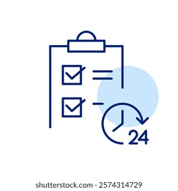 Checklist and 24 hours symbol. Round the clock task management and working process. Pixel perfect, editable stroke icon