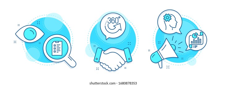 Checklist, 360 degrees and Report document line icons set. Handshake deal, research and promotion complex icons. Engineering sign. Data list, Full rotation, Growth chart. Cogwheel head. Vector