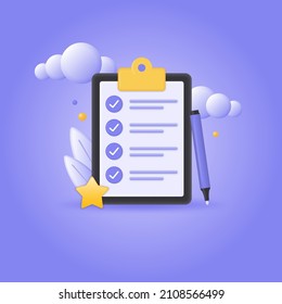 checklist 3d with check marks. the concept of a completed task, work plan, test or exam. vector illustration isolated on white background. 