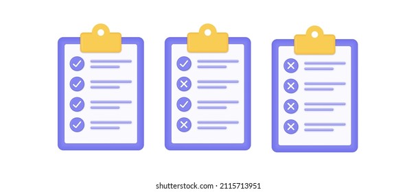 checklist 3d with checkmarks and crosses. the concept of a completed task, work plan, test or exam. vector illustration isolated on white background. 