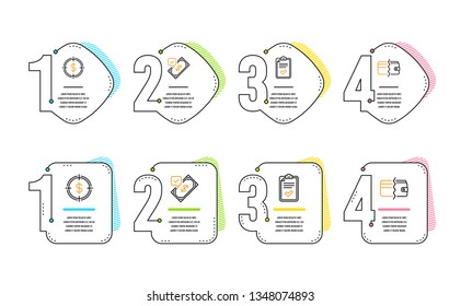 Checklist, Accepted payment and Dollar target icons simple set. Payment methods sign. Survey, Bank transfer, Aim with usd. Wallet cash. Finance set. Infographic timeline. Line checklist icon. Vector