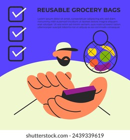 Checklist in app for Eco-bags with vegetables. Online grocery shopping. Reusable grocery bag with Zero waste. Flat vector illustration.