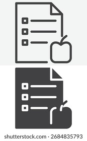 Checkliste und Apfel anderen Stil Symbol-Set. Linien- und Glyphenversion, Kontur und bearbeitbares Konturvektorsymbol. Gesunde Ernährung Symbol Illustration.
