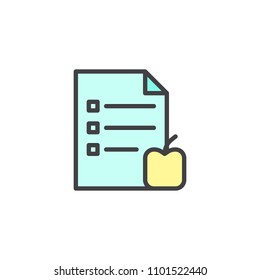 Checklist and apple filled outline icon, line vector sign, linear colorful pictogram isolated on white. Fitness diet plan symbol, logo illustration. Pixel perfect vector graphics