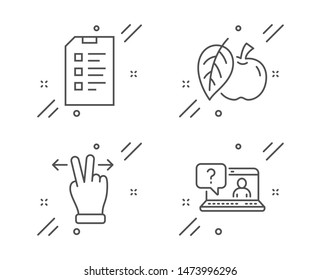 Checklist, Apple and Touchscreen gesture line icons set. Faq sign. Data list, Fruit, Swipe. Web support. Business set. Line checklist outline icon. Vector