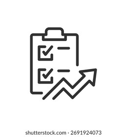 Lista de verificación con flecha, icono lineal. Productividad y crecimiento del negocio. Línea con trazo editable.