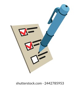Checklist. A ballpoint pen making marks on a sheet of paper with checkboxes. Vector illustration