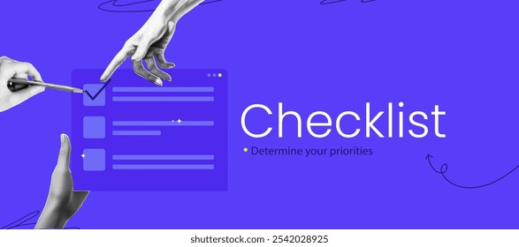 Checklist Banner Collage with Halftone Hand and Pencil. Vintage Pop Art Design for Study, Business, or Startup Projects.