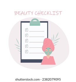 Checklist for beauty and self-care routines. Planning hygiene procedures, relaxation, spa day. Flat vector illustration eps 10.