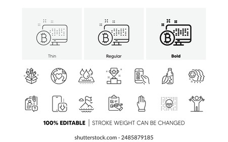 Checkliste, Bitcoin-System und Drei-Finger-Linien-Symbole. Rucksack mit Telefon-Download, Feuerwerk-Rakete, Cyber-Angriff-Symbol. Wasserdichte, mobile Umfrage, Hanteln Workout Piktogramm. Liniensymbole. Vektorgrafik