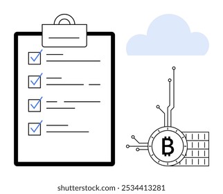 Uma lista de verificação com marcas de seleção azuis, um símbolo Bitcoin com linhas técnicas e um ícone de nuvem. Ideal para planejamento financeiro, tecnologia, moeda digital, computação em nuvem e gerenciamento de tarefas