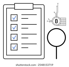 A checklist with blue checkmarks, a magnifying glass and a blockchain symbol. Ideal for technology, business solutions, task management, cryptocurrency, and research themes. Flat line style