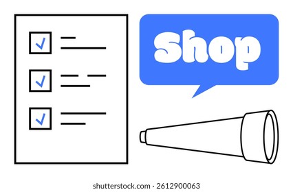 Checklist with blue checkmarks, a telescope, and a blue speech bubble with the word Shop. Ideal for business, retail, planning, management, and strategy topics. Simple vector style