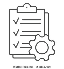 Checklist board with cogwheel thin line icon, repair service concept. Vector graphics. List with gear sign on white background, outline style icon for mobile or web design