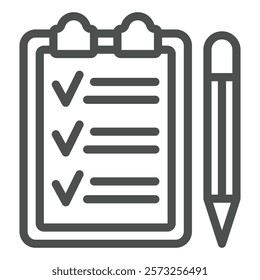 Checklist board with pen line icon, repair service concept. Vector graphics. Checkboard with paper sheet and pencil sign on white background, outline style icon for mobile or web design