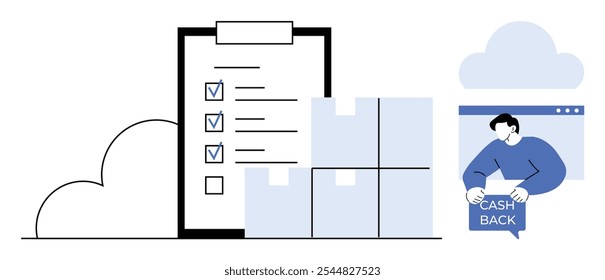 Uma lista de verificação com caixas, isoladas no primeiro plano. À direita, uma pessoa segura uma placa de cashback, indicando recompensas. Ideal para e-commerce, compras on-line, rastreamento de estoque, recompensas do cliente