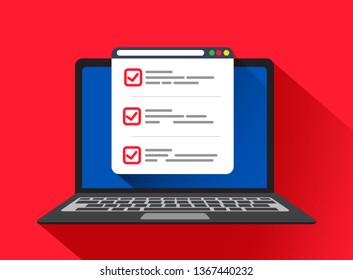 Checklist browser on laptop screen, flat vector illustration