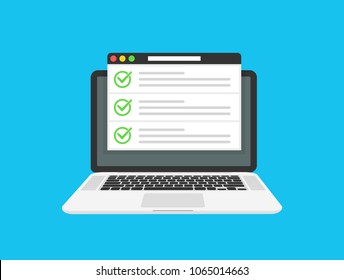 Checklist browser window. Check mark. White tick on laptop screen. Choice, survey concepts. Elements for web banners, websites, infographics. Flat design, vector illustration on background