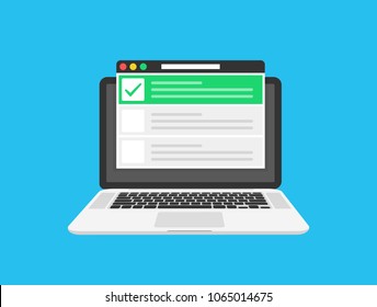 Checklist browser window. Check mark. White tick on laptop screen. Choice, survey concepts. Elements for web banners, websites, infographics. Flat design, vector illustration on background