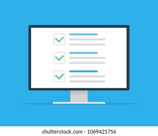 Checklist browser window. Check mark. White tick on monitor screen. Choice, survey concepts. Elements for web banners, websites, infographics. Flat design, vector illustration on background