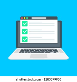 Checklist browser window. Check mark. White tick on laptop screen. Choice, survey concepts. Elements for web banners, websites, infographics. Flat design, vector illustration on background.