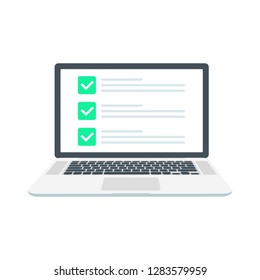 Checklist browser window. Check mark. White tick on laptop screen. Choice, survey concepts. Elements for web banners, websites, infographics. Flat design, vector illustration on background.