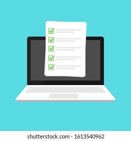 Checklist browser window. Check mark. White tick on laptop screen. Choice, survey concepts. Elements for web banners, websites, infographics. 