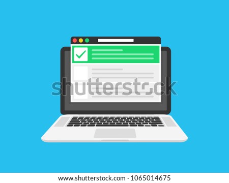 Checklist browser window. Check mark. White tick on laptop screen. Choice, survey concepts. Elements for web banners, websites, infographics. Flat design, vector illustration on background