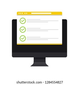 Checklist in browser window with checkmarks, mark on the laptop or desktop. Illustration of checklist online on the computer. Vector illustration.