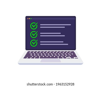 Ventana del navegador de lista de verificación en la pantalla del portátil. Marcar. Elección, conceptos de encuesta. Elementos para banners web, sitios web, infografías. Diseño plano, ilustración vectorial eps 10