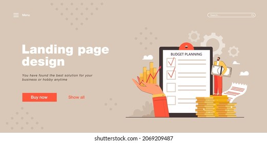 Checklist of budget plan on clipboard flat vector illustration. Tiny man standing on gold coins, holding banknotes, conducting financial audit. Finance company, calculator, money, taxes concept