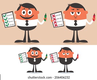 Checklist: Businessman with checklist in 4 versions. No transparency and gradients used. 