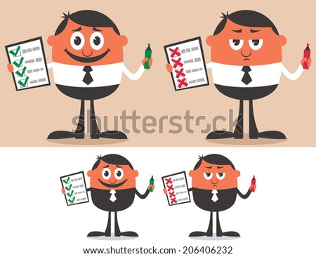 Checklist: Businessman with checklist in 4 versions. No transparency and gradients used. 