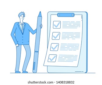 Checklist businessman. Person holding pencil at task list on clipboard. Complete questionnaire exam inspection vector concept