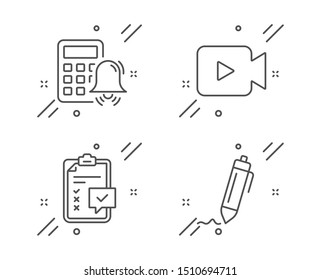 Checklist, Calculator alarm and Video camera line icons set. Signature sign. Survey, Accounting, Movie or cinema. Written pen. Education set. Line checklist outline icon. Vector