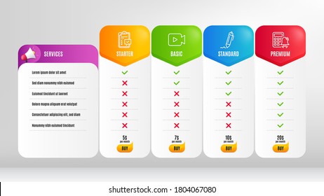 Checklist, Calculator Alarm And Video Camera Line Icons Set. Pricing Table, Price List. Signature Sign. Survey, Accounting, Movie Or Cinema. Written Pen. Education Set. Vector