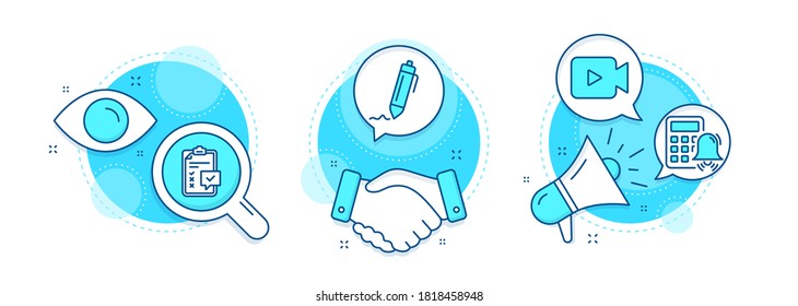 Checklist, Calculator alarm and Video camera line icons set. Handshake deal, research and promotion complex icons. Signature sign. Survey, Accounting, Movie or cinema. Written pen. Vector