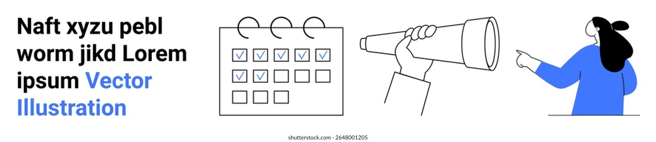 Calendário de lista de verificação com marcas de seleção pessoa usando uma mulher telescópio apontando com texto próximo. Ideal para gerenciamento de projetos, agendamento de compromissos, planejamento, visão futura, estratégia organizacional