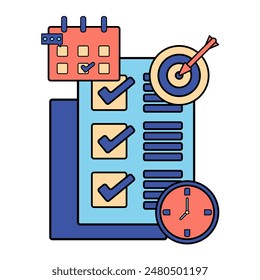 Lista de comprobación con calendario, reloj y destino. Concepto de gestión del tiempo, planificación, calendario, metas y objetivos