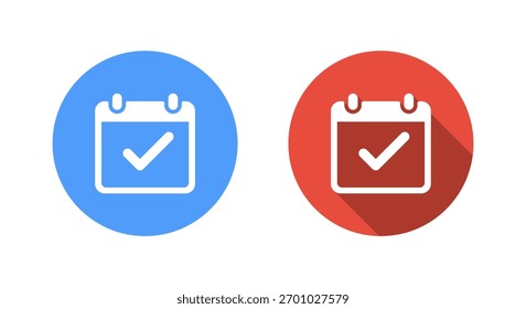Icono de calendario de lista de comprobación con sombra larga. Tarea completada y símbolo de recordatorio de fecha. Signo de confirmación de programación