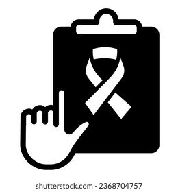 Checklist with cancer ribbon solid icon, World cancer day concept, medical checkup report data sign on white background, Checkboard and hand pointer with cancer tape icon in glyph style