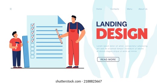 Checklist for carpentry works and tasks of father and son. Tiny man and boy standing with repair tools flat vector illustration. Workshop, diy concept for banner, website design or landing web page