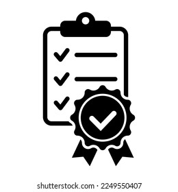 Checklist with certificate icon. Premium quality symbol. Achievement badge. Tasks done icon. Signed approved document. Project completed. Quality mark. Achievement badge vector.