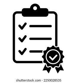 Checklist with certificate icon. Premium quality symbol. Achievement badge. Tasks done icon. Signed approved document. Project completed. Quality mark. Achievement badge vector.