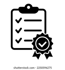 Checklist with certificate icon. Premium quality symbol. Achievement badge. Tasks done icon. Signed approved document. Project completed. Quality mark. Achievement badge vector.