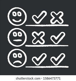 Checklist chalk icon. Choosing option. Good, bad experience. Voting. Check list. Agree, disagree. Satisfaction level. Positive, negative. Multiple opinions. Isolated vector chalkboard illustration