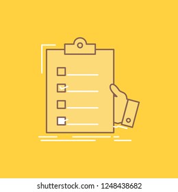 checklist, check, expertise, list, clipboard Flat Line Filled Icon. Beautiful Logo button over yellow background for UI and UX, website or mobile application