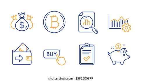 Checklist, Check investment and Wallet line icons set. Buy button, Bitcoin and Analytics graph signs. Operational excellence, Saving money symbols. Survey, Business report. Finance set. Vector