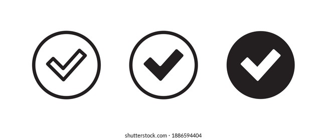 Iconos de marca de verificación de la lista de verificación. Marcar, aprobado en círculo, confirmar, marcar el icono del botón de lista en redondo, trazo editable y diseño plano aislado en blanco, signo vectorial, pictograma lineal, símbolo, logotipo