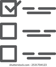 Lista de verificação com ícone de linha de marca de seleção. Caixas de seleção de opção